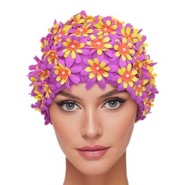 Medifier Swim cap Floral Petal Retro Style Bathing Caps for Women Purple