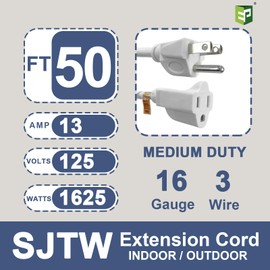 EP 50 Ft Outdoor Extension Cord - 16/3 SJTW White Electrical Cable with 3 Prong Grounded Plug, UL Listed
