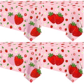 4 Pack Strawberry Tablecloth Pink Strawberry Birthday Party Decorations Fruit Theme Party Table Covers Berry Sweet One Disposable Table Cloth for Girls Strawberry Party Baby Shower Supplies 51X86IN