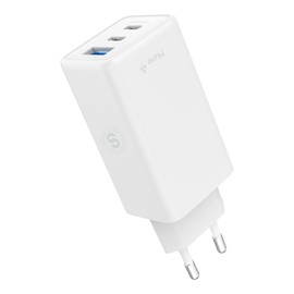 HUNE Huron T65W Dreifach-Ladegerät (2 x USB-C + 1 x USB-A) 65 W, GAN & PPS, recycelter Kunststoff, zertifiziert