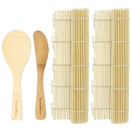 BambooMN Sushi Making Kit, 2X Natural Bamboo Sushi Mat, Paddle, Spreader | 100% Bamboo Sushi Rolling Mat Set