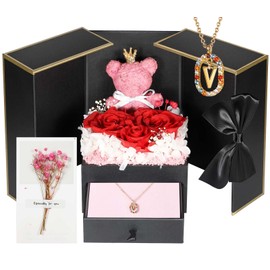 Cute Preserved Real Roses Bear Gift with 18K Gold Plated Initial Necklaces for Women, Mothers Day Birthday Anniversary Christmas Valentines Presents for Mom Girlfriend Wife