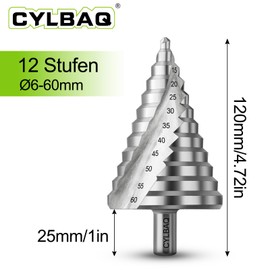 CYLBAQ Step Drill Bit 6-60 mm, Peeling Drill HSS 4241, Step Drill Metal 13 mm Shank, Taper Drill with 12 Steps, Hole Drill for Plastic, Wood - High-Quality HSS Taper Drill Bit