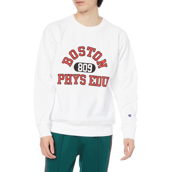 Champion C3-V015 Men's Sweatshirt, 100% Cotton, College Graphic Print, 10oz Relaxed Fit Crew Neck Sweatshirt, Reverse Weave (R), white