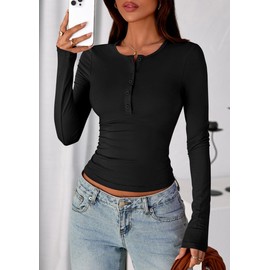 PRETTYGARDEN Womens Casual Long Sleeve Tops 2026 Fall Crew Neck Fitted Henley Shirts Basic Tee Blouse Knit Going Out Outfits (Black,Small)