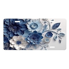 Vanity Aluminum Front License Plate (Blue and White Floral)