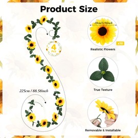 Woltoy 4 Pcs Artificial Flowers, Fake Sunflower Garland, Cheerful Yellow Fake Flowers for Wall, Staircase, Party Event Decoration & Indoor Hanging Decor, 225cm