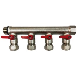4 Loop Plumbing Manifold w/ 1" trunk & 1/2" pex ball valves, red handle