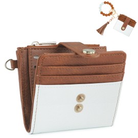 Sunpour Small Wristlet Wallets for Women Keychain Wristlet Wallet RFID Blocking Key Chain Wallet With Zipper Coin Pocket,2 Id Window(Beige＆Brown)