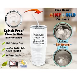 PixiDoodle Geometric White Elephant Gift Exchange Tumbler with Spill-Resistant Slider Lid and Silicone Straw - Christmas White Elephant Coworker Prank (20 oz Tall Tumbler, White)