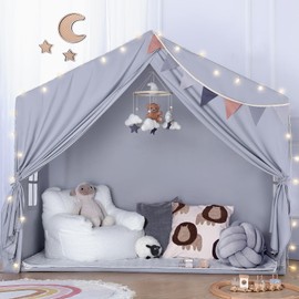 Sisticker Kids Play Tent Indoor - with Mat, Star Lights - Large Toddler Tents Playhouse for Girls Boys, Bed Tent for Bedroom Inside Birthday Gifts Toys(Gray)