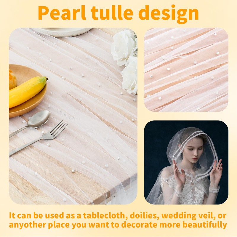 2 Pcs White Table Cloth with Pearls 1.5x3m Tulle Tablecloth