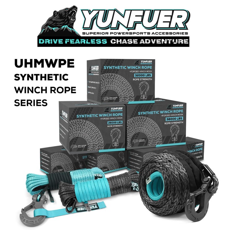 YUNFUER 3/8" x 92ft Synthetic Winch Rope Cable Kit, 26000LBS