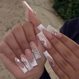 MISUD Long Square Press on Nails Squoval Fake Nails Glossy Glue on Nails White French Tip Acrylic Nails 3D Flower Artificial Nails Buterfly Rhinestone Stick on False Nails with Design 24 pcs