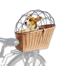 Wiklibox Natural Wicker Dog Bike Basket - 100% Organic Rattan Pet Carrier with Protective Grille - Eco Friendly Design - Soft Cotton Cushion & Mounting Bracket for Secure Bicycle Rear Luggage Rack