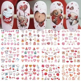 Valentine's Day Nail Art Stickers Heart Nail Decals Water Transfer Romantic Nail Art Decoration Supplies Love Heart Bear Dessert Nail Design New Year Sliders Manicure Decals for Women Girls 12PCS
