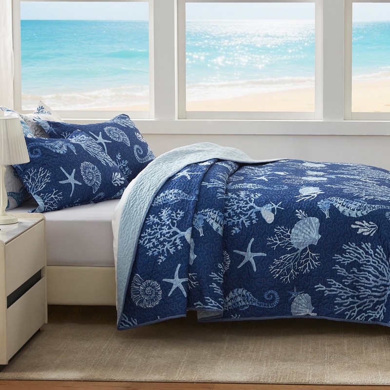 LEAONME Coastal Quilt Set King Size - Lightweight Microfiber Reversible