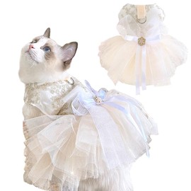 Anelekor Fancy Dog Dresses with Leash Ring, Embroidered Dog Wedding Dress, Bow Puppy Clothes for Small Dogs Girl Multi-Layer Lace Tutu Cat Outfit for Kitten Chihuahua Yorkie, Champagne，X-Small