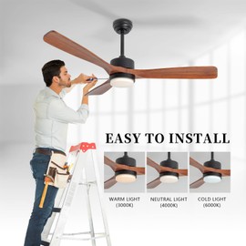 Ceiling Fan with Lights Remote Control 52in Solid Wood Blade 3Color Light Timing with Memory Function 6Speeds Super Quiet DC Motor for Modern Bedroom Living Room Dining Room Outdoor Terrace Farmhouse
