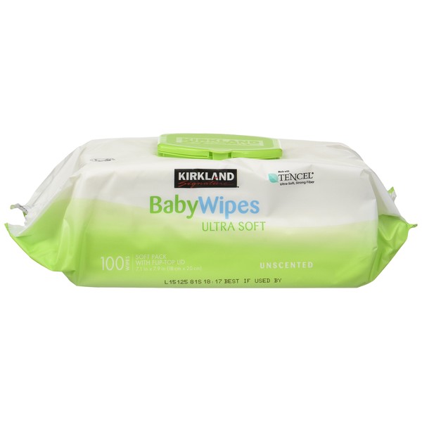 Baby Wipes Unscented Ultra Soft by Kirkland with Flip top Lid, 100 Count (Pack of 3)