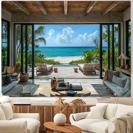 FENDROM Beach Decor Tapestry Ocean Sea Tropical Island Palm Tree Scenic View From Window Blue Sky,White Clouds Summer Tropical Scenery Wall Hanging Nature Tapestries For Bedroom Living Room Dorm