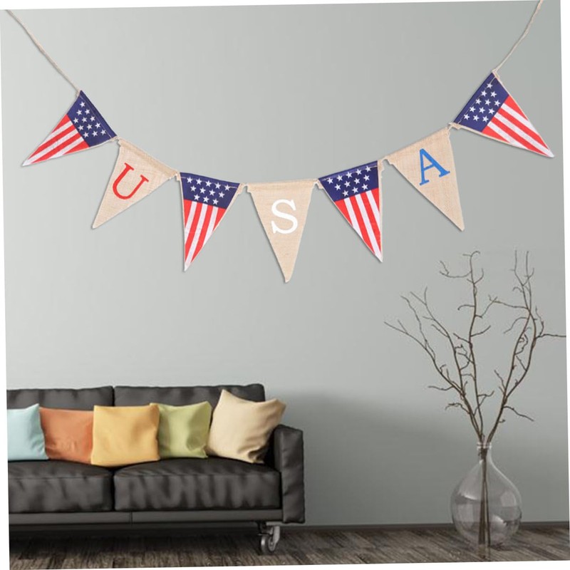 Ciieeo 2pcs 4th of July American Flag Pattern Burlap Banner