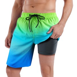 QRANSS Mens Swimming Trunks Plus Size Quick Dry Beach Swim Shorts Board Shorts with Compression Liner 9 inch Inseam