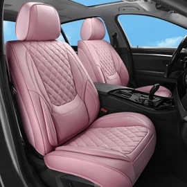 Car Seat Covers Full Set Pink, Luxury Faux Leather Car Seat Covers Waterproof Non-Slip Seat Protector Universal Fit for Most Cars SUVs Trucks Pick-ups, Cute Pink Car Accessories for Women