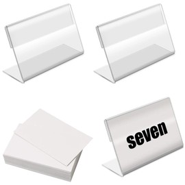 BILLIOTEAM 50pack Mini Clear Sign Display Holder with Blank Labels,3.2*2.2 Inch Horizontal Slanted L-Shape Plastic Name Card Price Card Tag Label Counter Top Stand