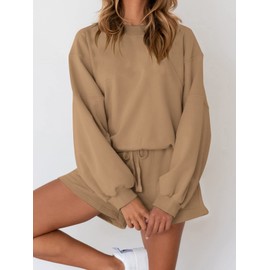 MEROKEETY Women's 2024 Fall Oversized Batwing Sleeve Lounge Sets Casual Top and Shorts 2 Piece Outfits Sweatsuit Khaki