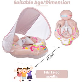 TUIBEIDAMAI Baby Swim Ring with Sun Canopy, Removable Swimming Ring with Sun Protection, Adjustable Shoulder Straps, Inflatable Swimming Hoop, Baby Float Swimming Ring for from 3-36 Months (Pink)