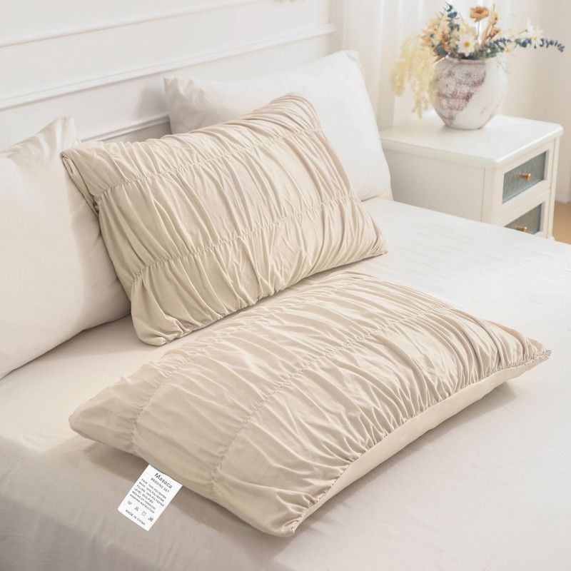 Masaca King Size Comforter Set(106"x95"),Wheat Ruched Bedding Comforter,Farmhouse Shabby Boho