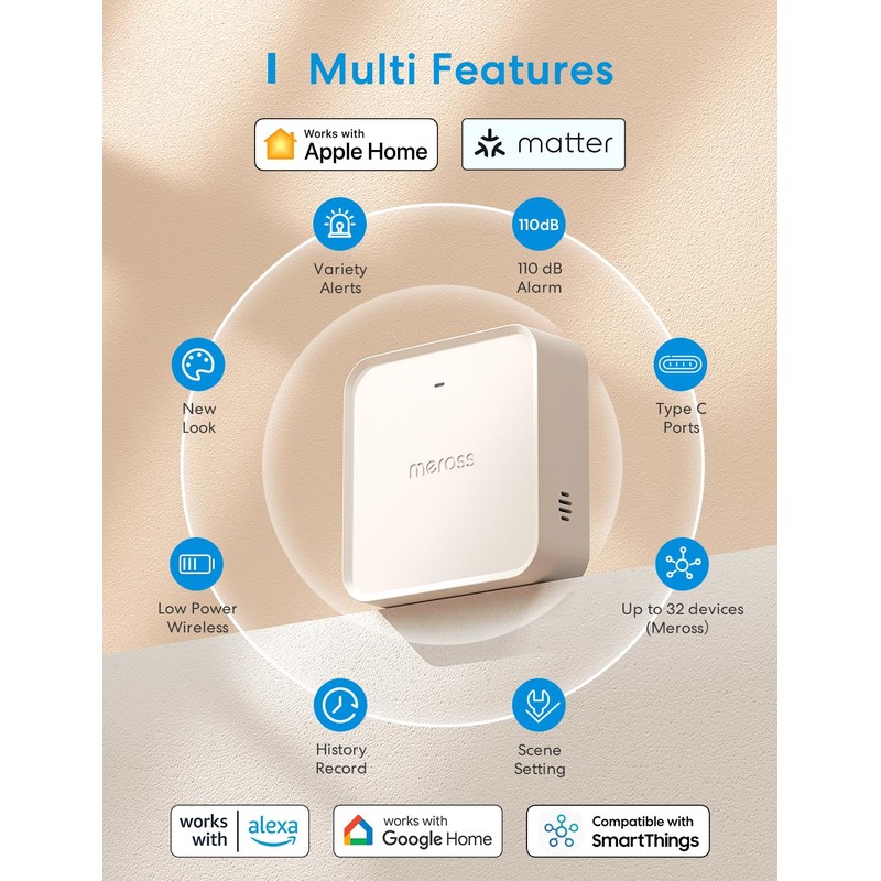 Meross MSH450 Smart Matter Hub with 110dB Alarm, Smart Home