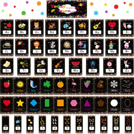 58 Pieces Educational Preschool Cards Kids Early Learning Poster Alphabet Number Colors and Shapes Bulletin Board Decoration Kindergarten Classroom Learning Card with Glue Point Dot (Cool Style)