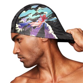 Men Swimming Cap Elastic Fabric Adult with Myth Image Large Size Bath Cover Ear Youth Teens Boy Ladies Beach Water Sports Breathable Hair Dry Hat for Long Short No Waterproof, Black