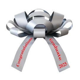 Graduation Car Bow – Congratulations Graduate 2025" – 30" Large Gift Bow for Cars, Gifts & Decorations – Includes Magnet & Car-Safe Sticker – Made in The USA (Silver Bow Red Font)