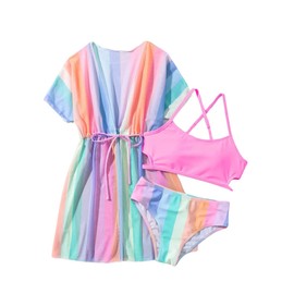 Alopncy Girls Bikini Set 3 Piece - Striped Multicolored Swimsuit with Quick Dry Cover Up - Bathing Suit for Kids 6-14 Years(9-10Years)