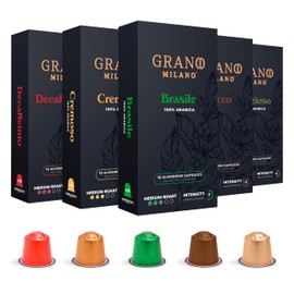 Grano Milano Variety Pack with Decaf 50 Aluminium Coffee Pods Compatible with Nespresso Original line - Medium & Dark Roast Coffee Capsules Made in Italy, 40 caffeinated and 10 decaffeinated capsules