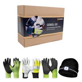 Gebol GO Winter Work Safety Set | Size L (Size 9) | LED Hat for Visibility and Visibility | Work Gloves for Warm Hands in Cold | For Men | 3 Pairs + 1 Hat