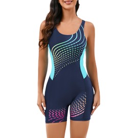 Halcurt Women's Athletic One Piece Boyleg Swimsuit Racerback Bathing Suit with Boyshorts Full Coverage Swimwear Navy Ombre Stripe M