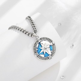 INFUSEU Compass Necklace for Men Women Graduation Nautical Jewelry World Map Pendant Fidget Spinning Anxiety Gift Blue Ocean Sterling Silver 925 Enjoy the Journey