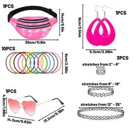 LandReCol 90er Jahre Outfit Damen – 17 Stück 90s Accessoires mit Bauchtasche Damen Rosa, Herzbrille, Tattoo Kette, Neon Armband, Ohrringe – Malle Party Festival Zubehör