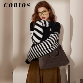 CORIOS Corduroy Tote Bag Women Handbag Large Capacity Crossbody Bag Shoulder Bag with Zipper Ladies Hobo Bag Casual Satchel Bag for Work Travel Party Office Shopping Daily Use Dark Brown