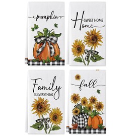 Fall Kitchen Towels 18x26 Inch Set of 4, Buffalo Plaid Sunflower Pumpkin Fall Dish Towels Seasonal Autumn Thanksgiving Home Kitchen Decor