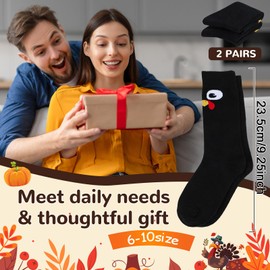 Lonfliness 2Pairs Thanksgiving Woven Knee-High Socks Turkey Socks Fun Turkey Trot Running Sock Thanksgiving Holiday Sock Novelty Fall stocking for Women Men Thank You Gift (Black)