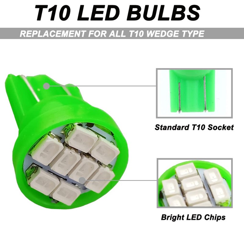 T10 194 168 LED Dash Instrument Light Bulbs Green with