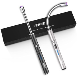 VEHHE Candle Lighter, 2 Pack Rechargeable Electric Lighter with LED Battery Display Safety Switch, Flexible Neck USB Lighters for Candles Camping Grill Gas Stoves Cooking (Black and Silver)