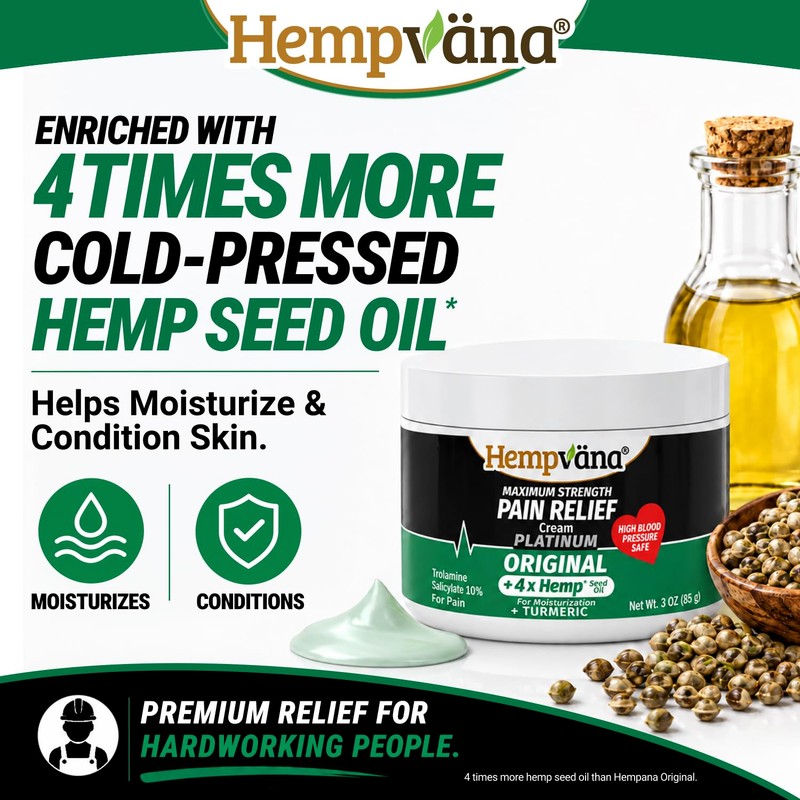 Hempvana Platinum Max Strength Relief Cream, 4X Hemp, Odor-Free, Non-Greasy