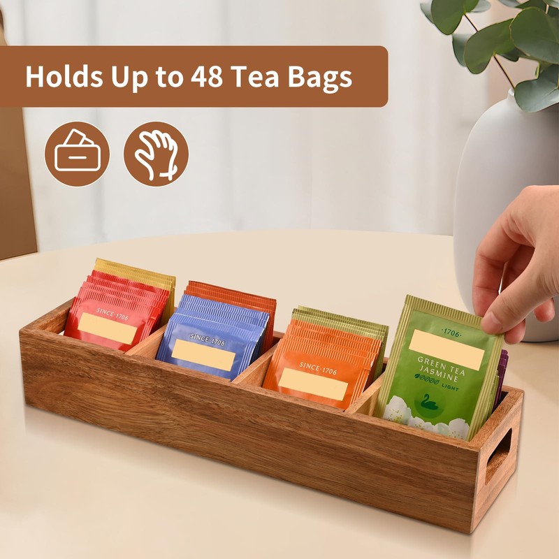 Chicvilla Acacia Wood Tea Bag Organizer with 4 Slots –