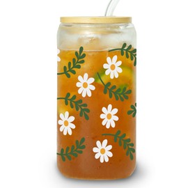 Suyka Daisy Cups, Cute Iced Coffee Cups with Lids and Straws, Daisy Glass Tumbler, Aesthetic Cups - Daisy Gifts for Women, Coffee Lovers, Mothers Day, Birthday Gifts (Leaf Daisy), Regular